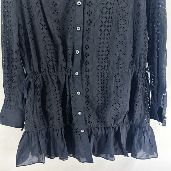 Thakoon Black Eyelet Button Up Mini Shirt Dress Ruched Sides Silk Size 0 NWT - Picture 3 of 7